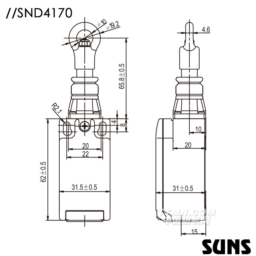 SUNS美國三實自復位安全開關SND4170安全拉繩開關 單向動作式拉繩開關尺寸圖